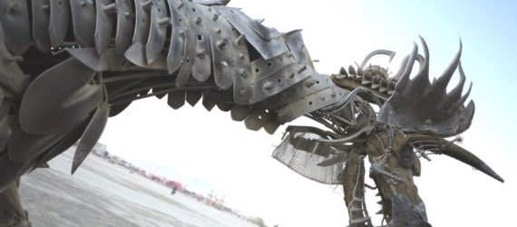 A mechanical dragon in the desert at Burning Man