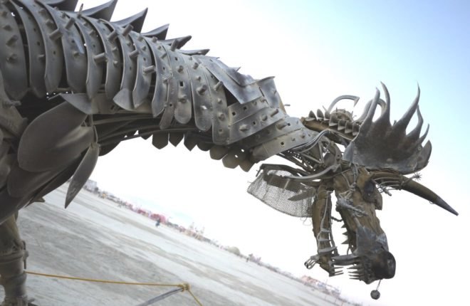 A mechanical dragon in the desert at Burning Man