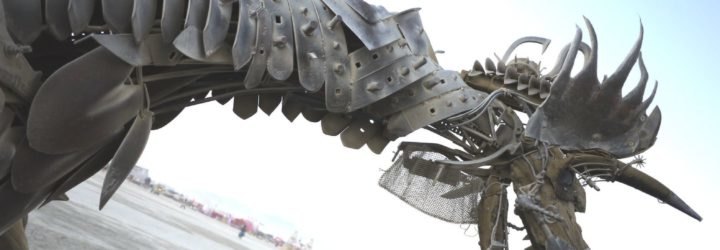 A mechanical dragon in the desert at Burning Man