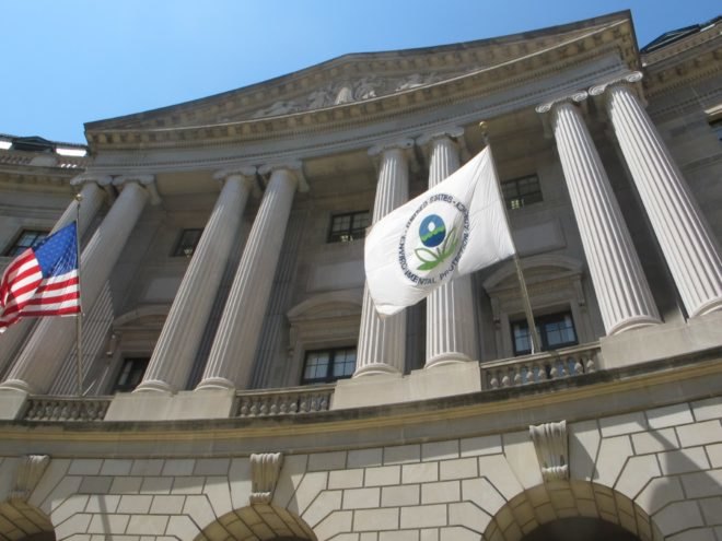 An Environmental Protection Agency (EPA) flag waves in the air at the agency's building in Washington, D.C.