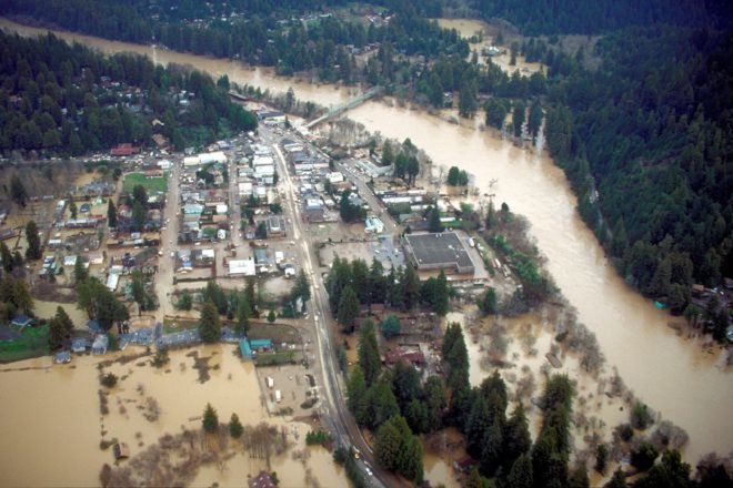 Aerial photograph of flooding in Guerneville California