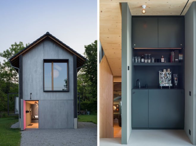 on the left shows the narrow gray home with an open door; on the right is an image of cabinets