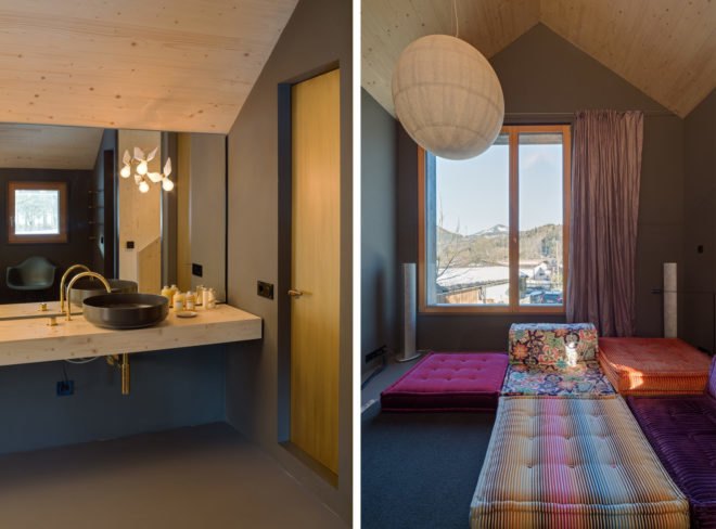 on the left, image of wooden counter and a large black sink; on the right, lounge space with large, brightly colored cushions