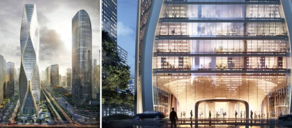 A diptych image. On the left, a full image of the tower's exterior. On the right, an image of the entrance to the tower. The building has a glass façade.