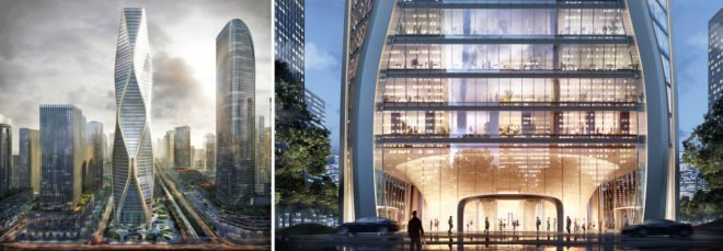 A diptych image. On the left, a full image of the tower's exterior. On the right, an image of the entrance to the tower. The building has a glass façade.