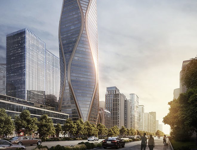The Hangzhou Wangchao Center has an innovative design, featuring an undulating glass façade.