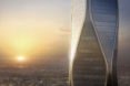 The building features eight large columns that slope outward at the corners in order to minimize wind load.