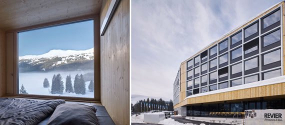 Hotel Revier by Carlos Martinez Architekten, prefab hotel, prefab Switzerland hotel, prefabricated hotel rooms, modular hotel design, modular hotel rooms, Hotel Revier, Hotel Revier architecture, Lenzerheide hotel