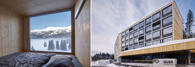 Hotel Revier by Carlos Martinez Architekten, prefab hotel, prefab Switzerland hotel, prefabricated hotel rooms, modular hotel design, modular hotel rooms, Hotel Revier, Hotel Revier architecture, Lenzerheide hotel