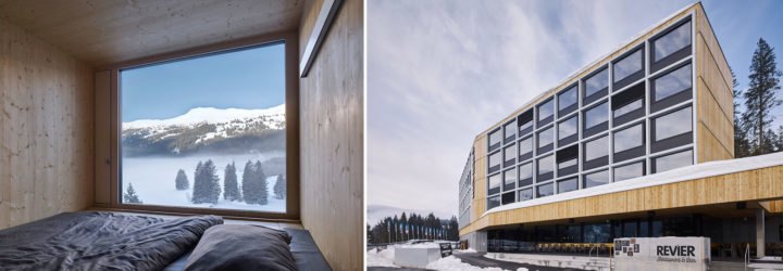 Hotel Revier by Carlos Martinez Architekten, prefab hotel, prefab Switzerland hotel, prefabricated hotel rooms, modular hotel design, modular hotel rooms, Hotel Revier, Hotel Revier architecture, Lenzerheide hotel