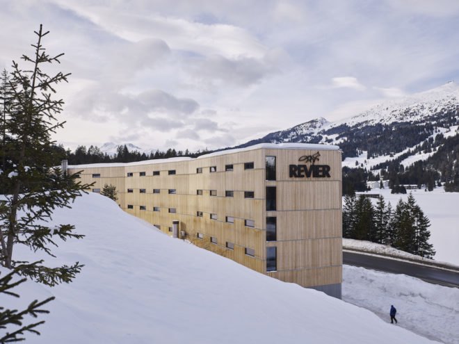 Hotel Revier by Carlos Martinez Architekten, prefab hotel, prefab Switzerland hotel, prefabricated hotel rooms, modular hotel design, modular hotel rooms, Hotel Revier, Hotel Revier architecture, Lenzerheide hotel