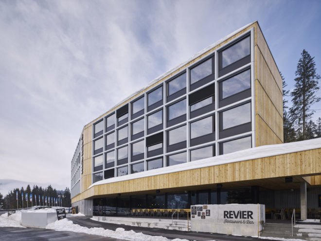 Hotel Revier by Carlos Martinez Architekten, prefab hotel, prefab Switzerland hotel, prefabricated hotel rooms, modular hotel design, modular hotel rooms, Hotel Revier, Hotel Revier architecture, Lenzerheide hotel