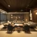 One interior room features two neutral toned couches and four chairs with a large table in the middle. The couches and chairs are arranged in a square.