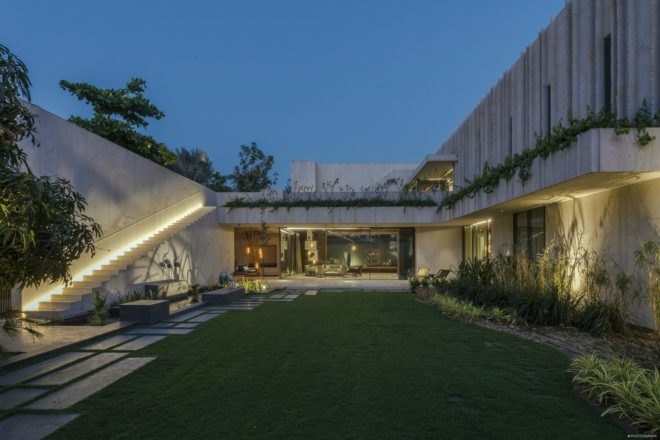 Image of the exterior of the home at night.