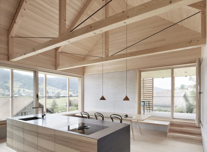 Höller House by Innauer-Matt Architekten, Bregenzerwald contemporary architecture, minimalist Austrian architecture, timber contemporary architecture in Austria, Höller House in Austria, wraparound covered terraces, homes with a concrete core