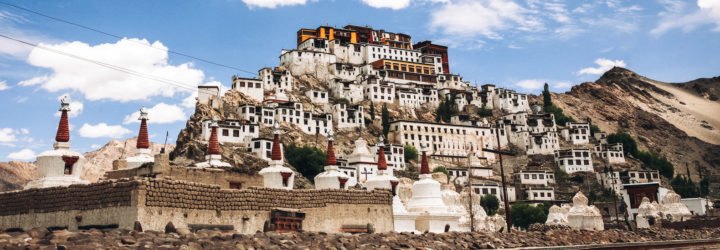 Traditional houses and stupas in Leh city, Indian Himalayas