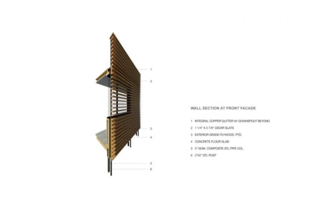 Diagram of the front facade, which is made with cedar slats