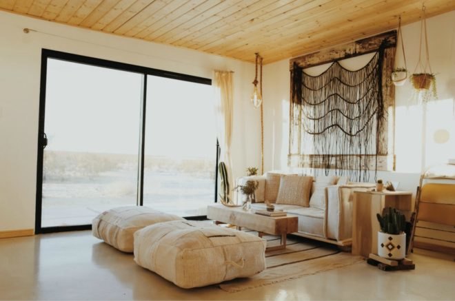 living room, picture window, couch, curtains