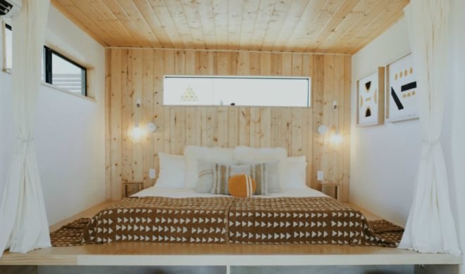 bedroom, bed, renovated cabin