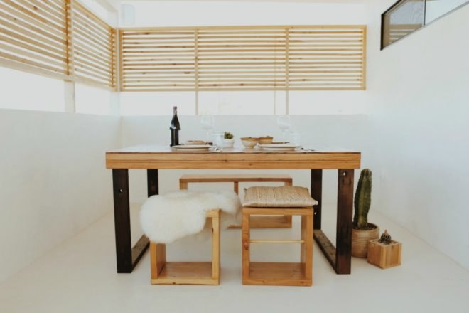 dining area, tables, chairs, renovated cabin