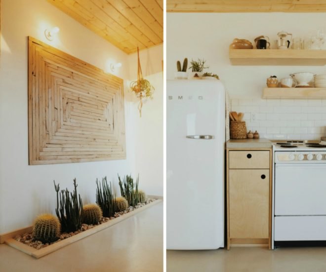 cabin, cabin interior, renovated cabin, cactus, cacti, kitchen, refrigerator, cupboards, dishwasher