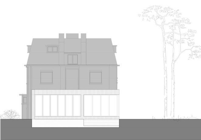 MILU by Qatarchitecten, green roof concrete extension, MILU house in Ghent, Ghent renovation and extension, board formed concrete extension, board formed concrete structural walls, operable glass garden backyard doors,