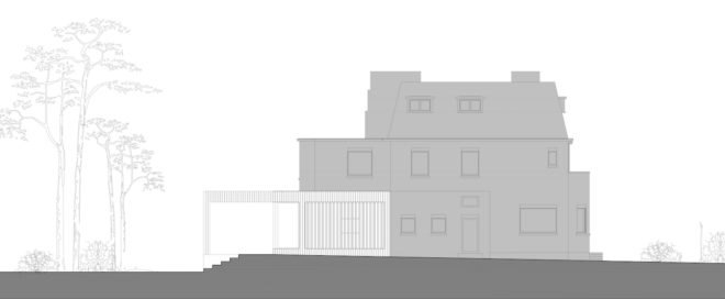 MILU by Qatarchitecten, green roof concrete extension, MILU house in Ghent, Ghent renovation and extension, board formed concrete extension, board formed concrete structural walls, operable glass garden backyard doors,