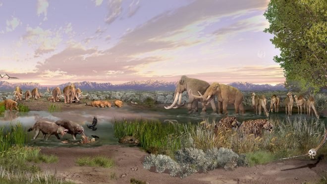 Ancient, now-extinct megafauna, or large mammals, like the mammoth, roam the land