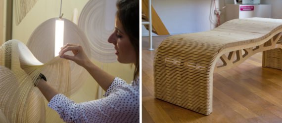 On the left, a woman touches the Sila lamp. On the right, a curvy wooden bench.