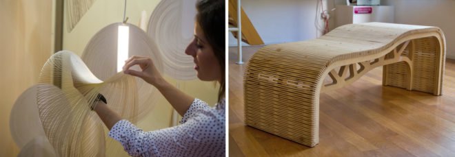 On the left, a woman touches the Sila lamp. On the right, a curvy wooden bench.