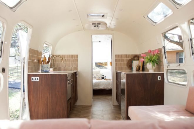 A view of the kitchen inside the Isla Modern Caravan.