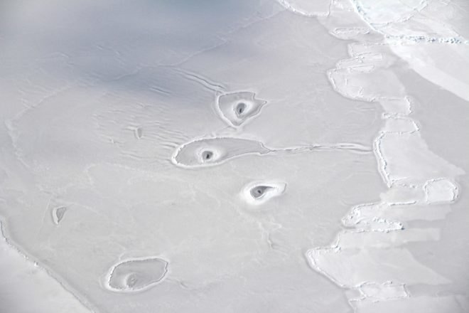 Mysterious holes in Arctic sea ice; image taken by Operation IceBridge's John Sonntag