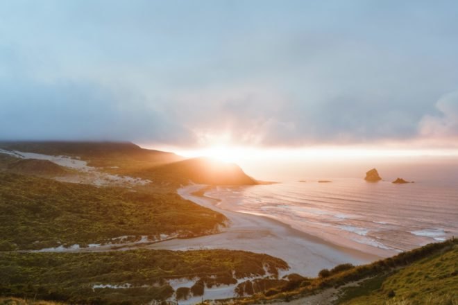 New Zealand, Dunedin, coast, clouds, sunrise, sunset, shore