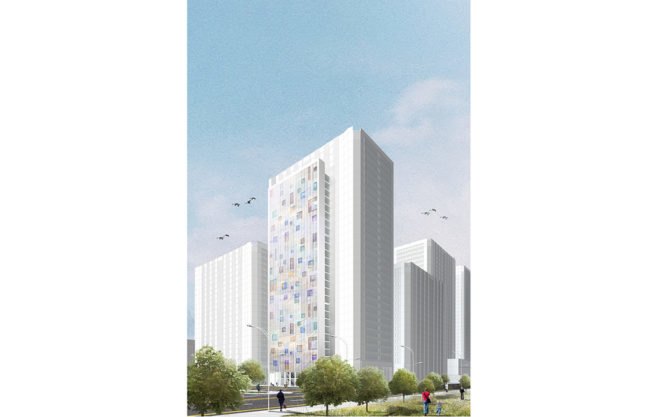 Graphic design of the exterior of the building shows the simple vertical structure.