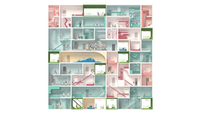A colorful graphic design shows the structural grid for this project. Each space is a different color, which is meant to differentiate which units are for housing and which are for public spaces.