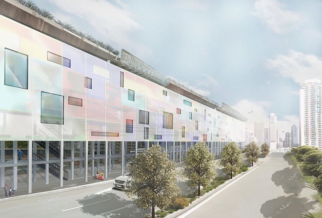 Graphic design of a raised building with a green roof.
