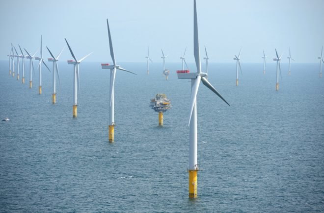Offshore wind turbines.