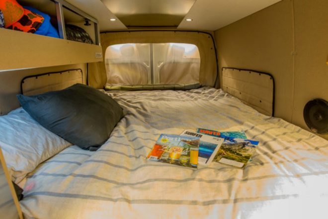 Queen sized bed in the Outside Van Powerstation