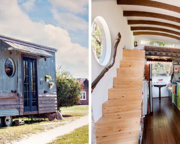 The exterior and interior of a tiny home containing a pizza oven.