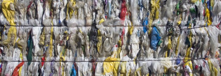 Plastic shopping bags squashed into bales for recycling