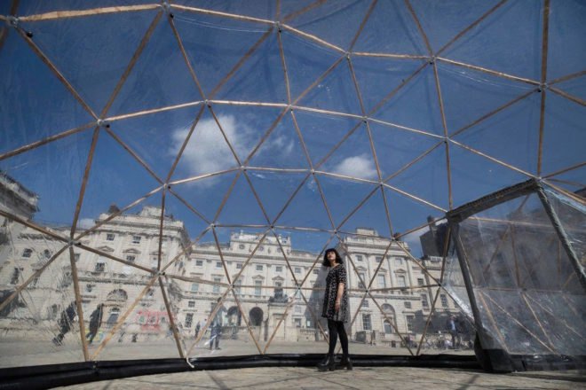 Inside geodesic dome Pollution Pods by Michael Pinsky