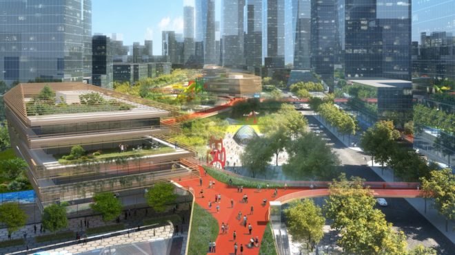 Qianhai Mawan Mile by HASSELL, Qianhai Mawan Mile, Qianhai business district Shenzhen, elevated park Shenzhen, Shenzhen High Line, boulevard in the sky, skydeck architecture,