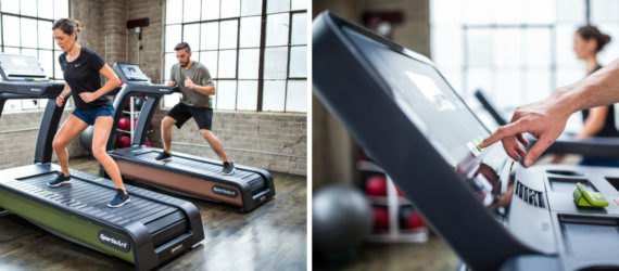 Two images side-by-side. On the left, two people exercise on the treadmills. On the right, a hand presses buttons on the treadmill.