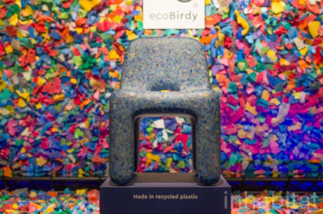 Sea of Plastic by EcoBirdy features a small blue chair made from recycled plastic.