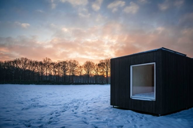Cabin, winter, forest, snow, landscape