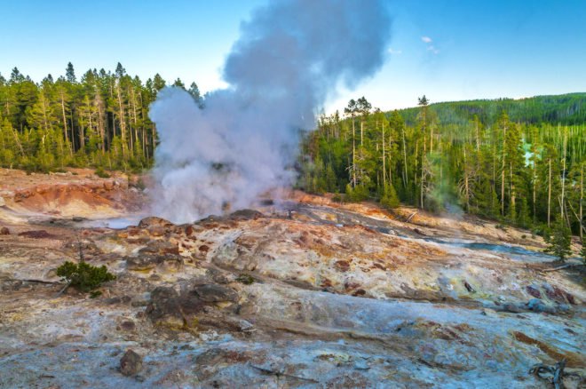 A minor eruption at Steamboat Geyser in Yellowstone National Park
