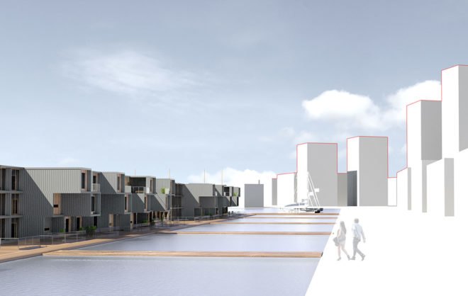 This design shows small bridges connecting the city to the housing units, which are floating on water.