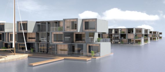 This design presents stacked prefab units that are floating in a bay.