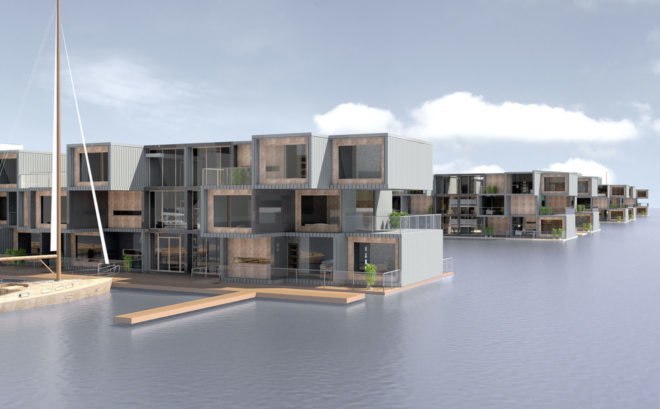 This design presents stacked prefab units that are floating in a bay.