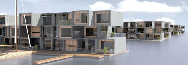 This design presents stacked prefab units that are floating in a bay.